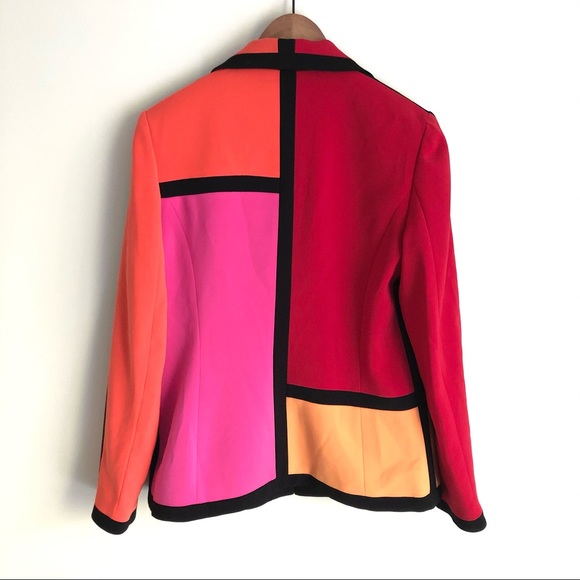 Vintage Sandra Blazer 90s Color Block Long Jacket Pink Orange Red Black - Picture 2 of 14